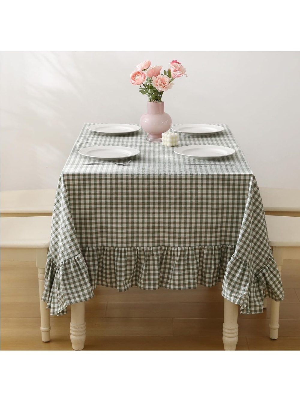 NEW Sage Green White Gingham Tablecloth Rectangular 84"x60", 6” Ruffle Trim